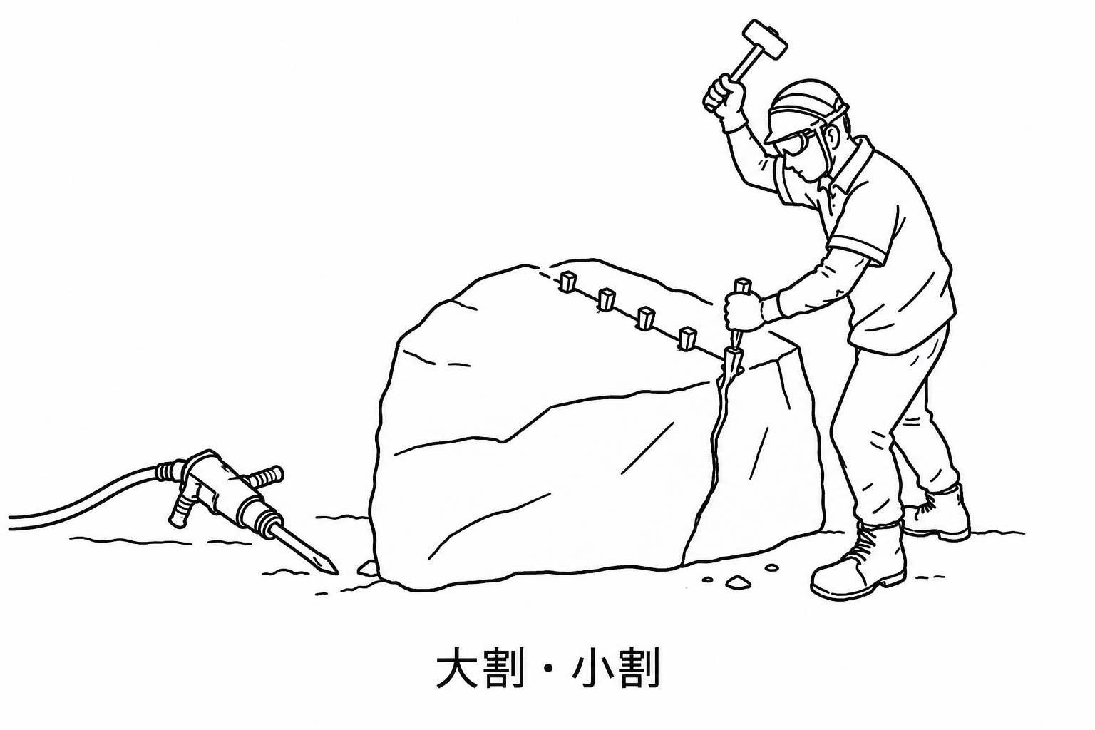 大割・小割：穴に楔を打ち、石の目を読みながら割る。