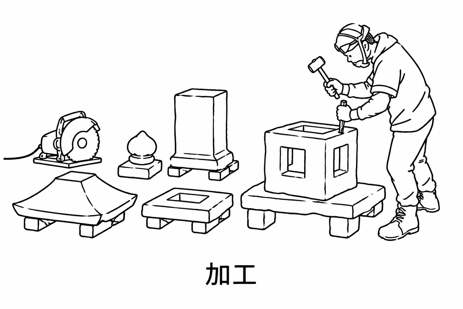 加工：削り、整える。一打ずつ、石に形を与える。